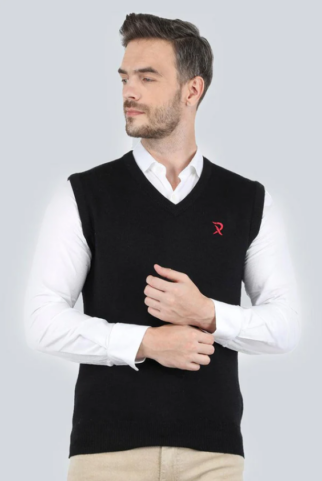 Black Sleeveless V Neck Rib Sweater for Men